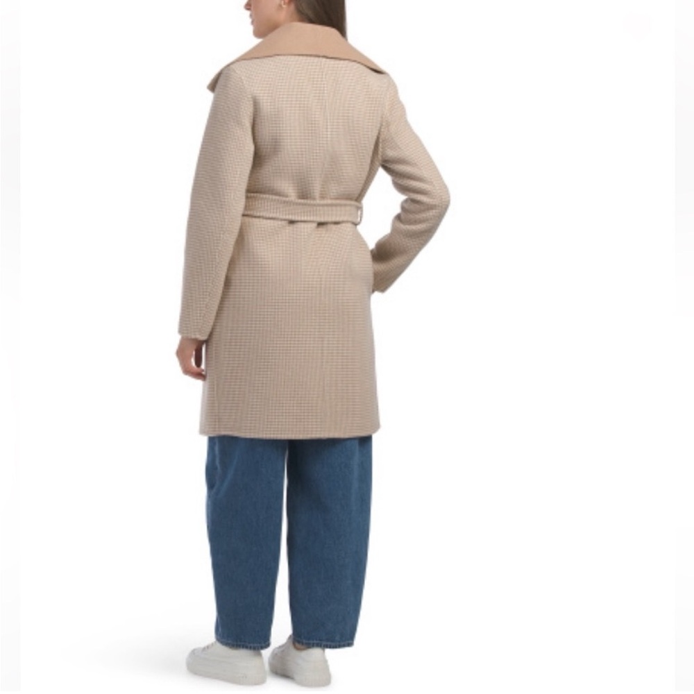 ELIE TAHARI Wool Mini Houndstooth Oversized tan brown Collar Belted Wrap Coat L - Picture 9 of 9